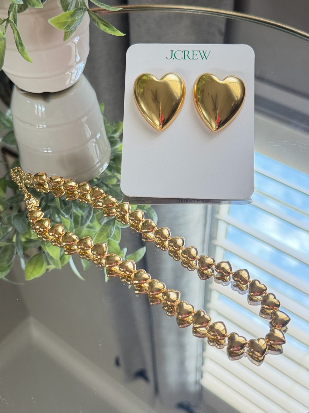 J.Crew Gold Puffy Heart Matching Set Necklace & Oversized Stud Earrings NWT
